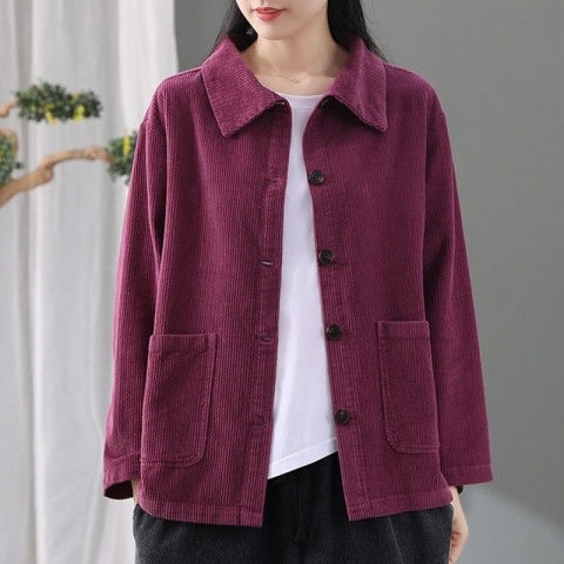 Ladies Women Corduroy Coat Jacket Pocket Button Loose Casual Lapel Cardigan Tops - Picture 6 of 6
