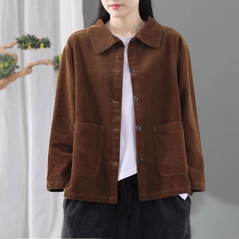 Ladies Women Corduroy Coat Jacket Pocket Button Loose Casual Lapel Cardigan Tops - Picture 5 of 6