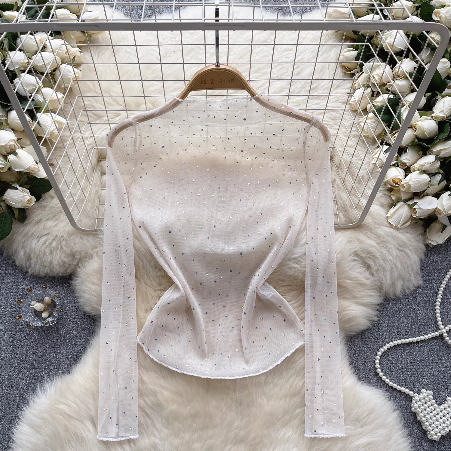 Women Rhinestone Crystal Blouse Mock Neck T Shirt Mesh Shiny Glitter Tops Tee - Foto 9 di 9