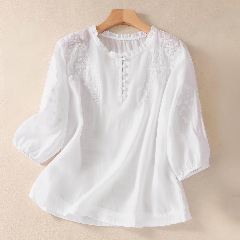 Blusa informal camisa lisa bordada floral cuello en V manga 3/4 para mujer - Imagen 9 de 11