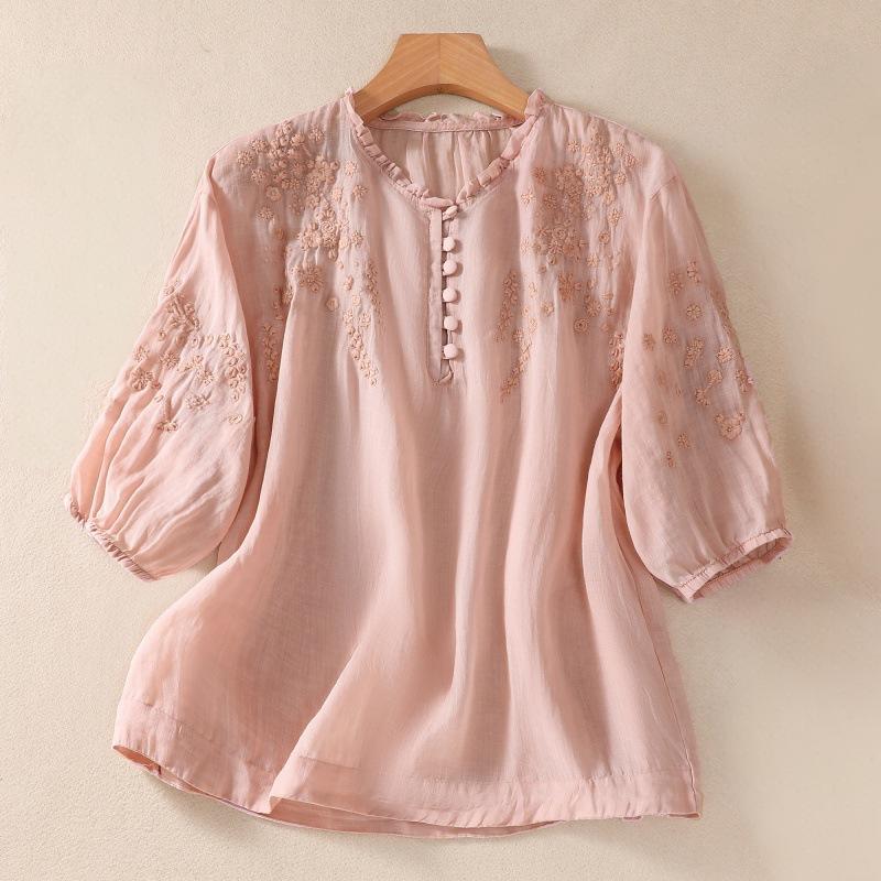 Blusa informal camisa lisa bordada floral cuello en V manga 3/4 para mujer - Imagen 11 de 11