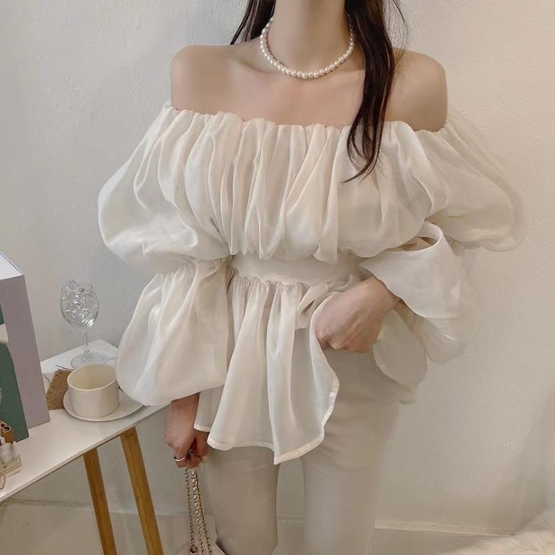 Womens Korean Fashion Off Shoulder Long Puff Sleeves Chiffon Shirt Slim Blouse