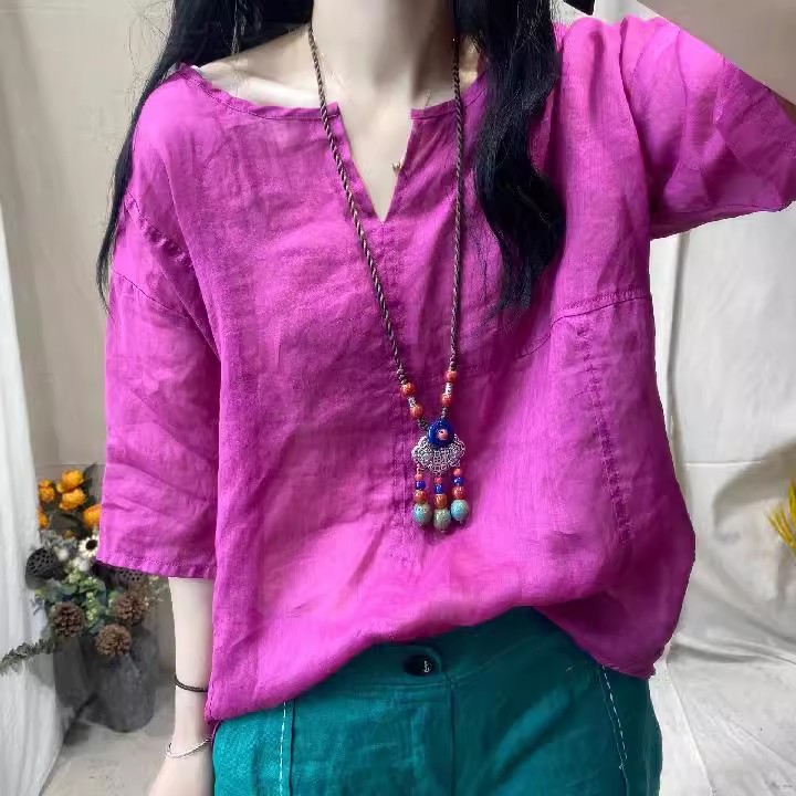 Camicetta donna top tinta unita casual scollo a O sciolto manica 3/4 magliette taglie forti maglietta - Foto 7 di 7