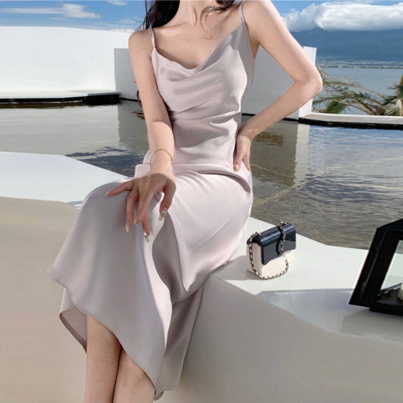 Sexy Vestido de Verano con Correa para Mujer Vestido Largo de Satén con Cordones Elegante Vestido de Baile - Imagen 8 de 9
