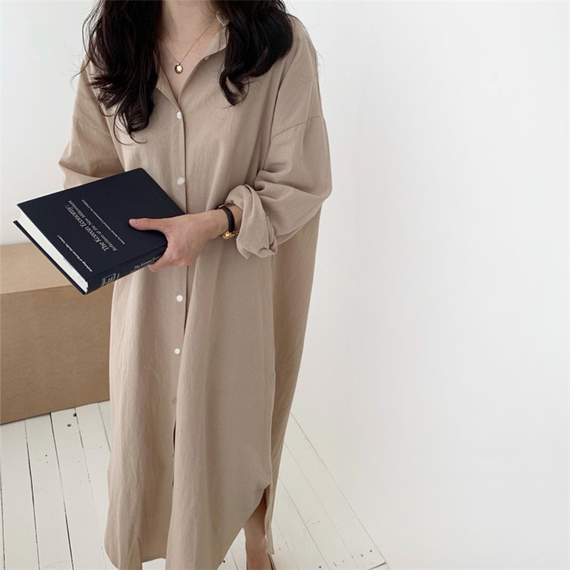 Women Cotton blend Lapel Shirt Dress Long Sleeve Maxi Dress Button Loose - Picture 19 of 22
