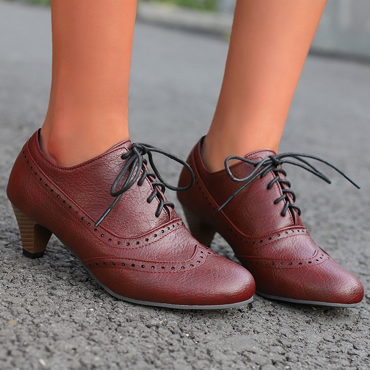Damenschuhe Oxford-Schuhe Retro Kätzchen niedriger Absatz runde Spitze Freizeit Schnürung Büro OL PLU - Bild 24 von 27