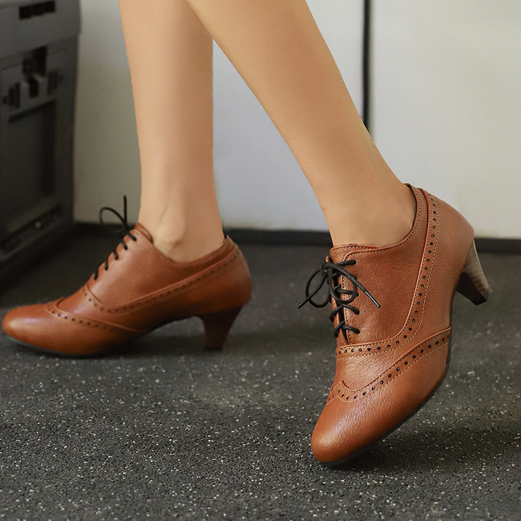Damenschuhe Oxford-Schuhe Retro Kätzchen niedriger Absatz runde Spitze Freizeit Schnürung Büro OL PLU - Bild 25 von 27