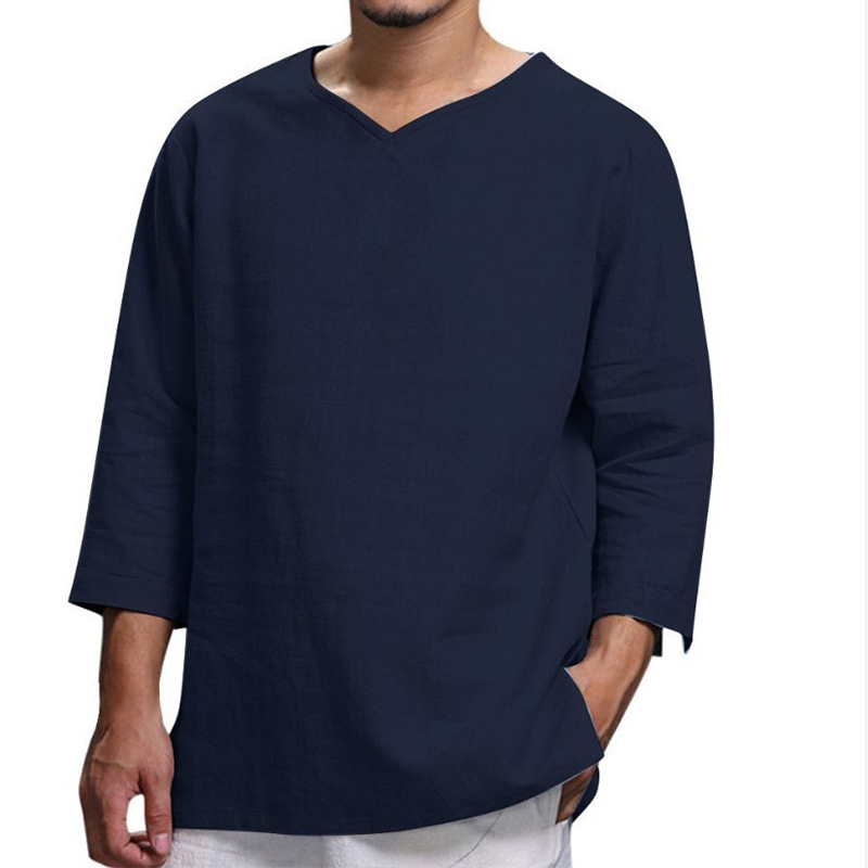 Men's Cotton Long Sleeve Shirt Summer Loose Casual V-Neck Shirts Tops Tee Solid - Bild 17 von 19