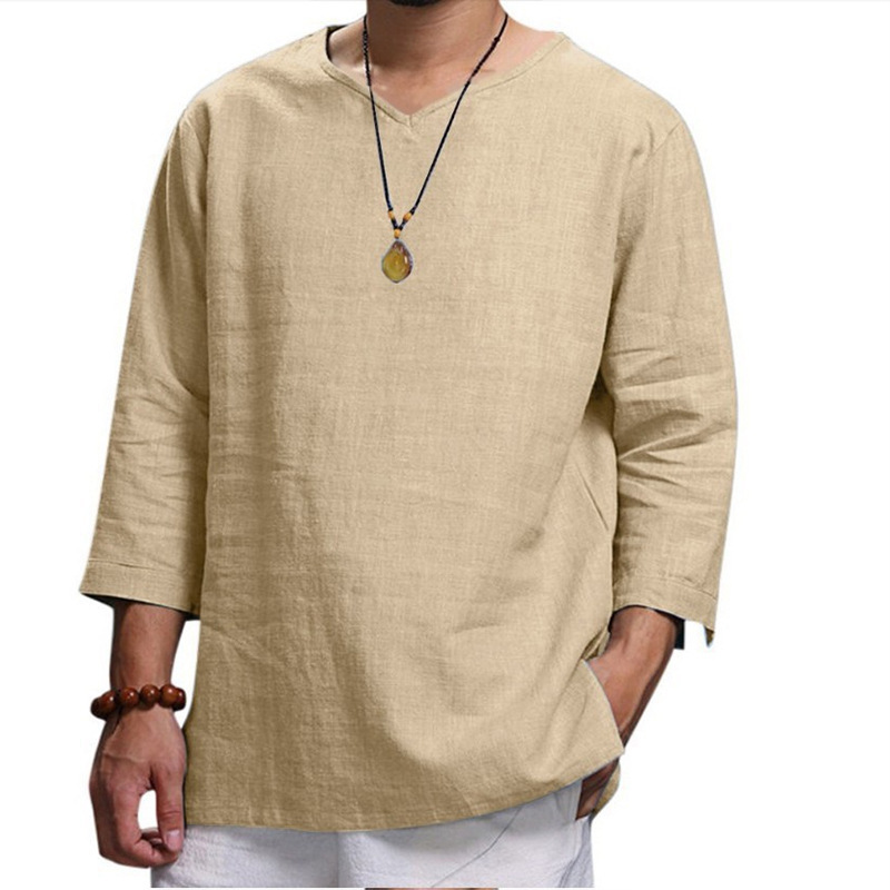 Men's Cotton Long Sleeve Shirt Summer Loose Casual V-Neck Shirts Tops Tee Solid - Bild 18 von 19