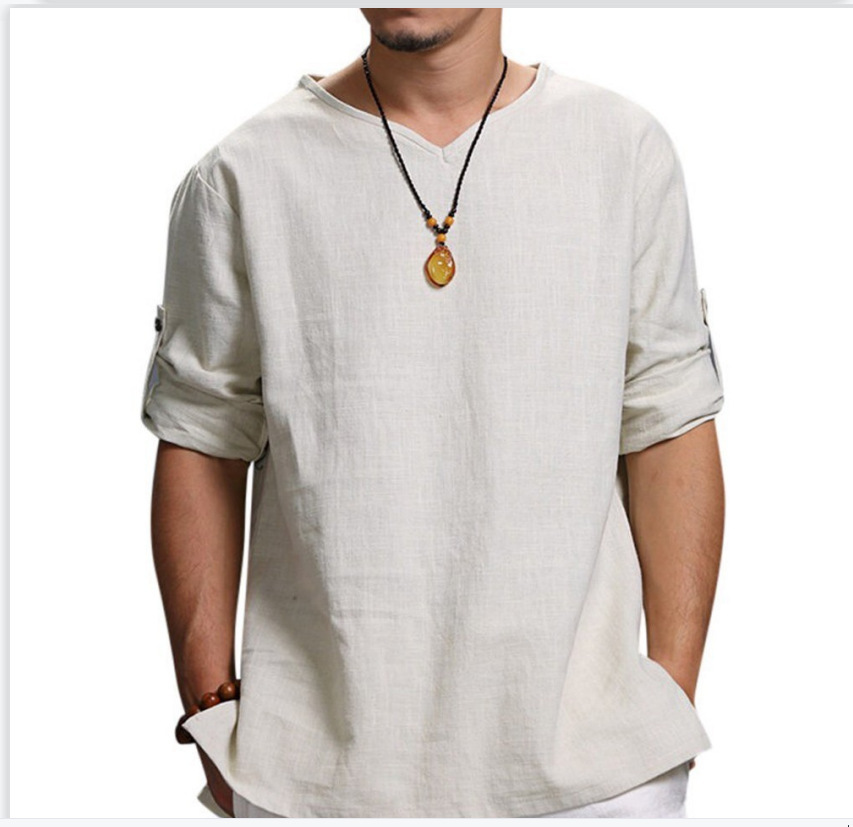 Men's Cotton Long Sleeve Shirt Summer Loose Casual V-Neck Shirts Tops Tee Solid - Bild 14 von 19
