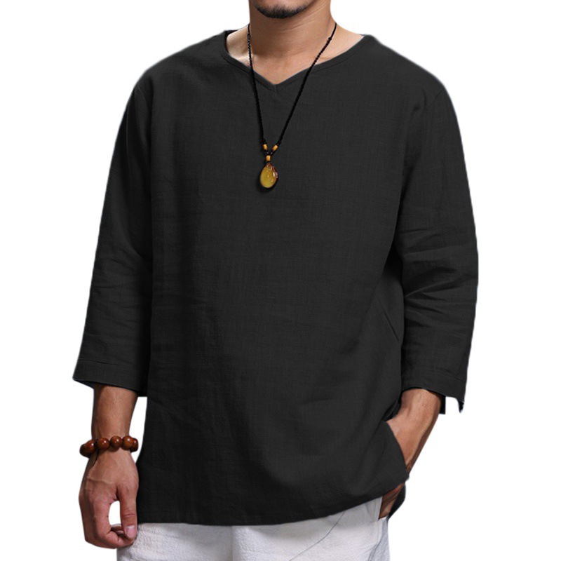 Men's Cotton Long Sleeve Shirt Summer Loose Casual V-Neck Shirts Tops Tee Solid - Bild 15 von 19