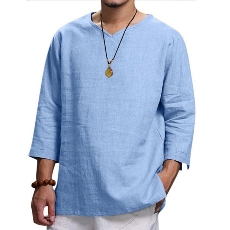Men's Cotton Long Sleeve Shirt Summer Loose Casual V-Neck Shirts Tops Tee Solid - Bild 16 von 19