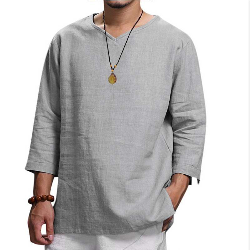 Men's Cotton Long Sleeve Shirt Summer Loose Casual V-Neck Shirts Tops Tee Solid - Bild 19 von 19
