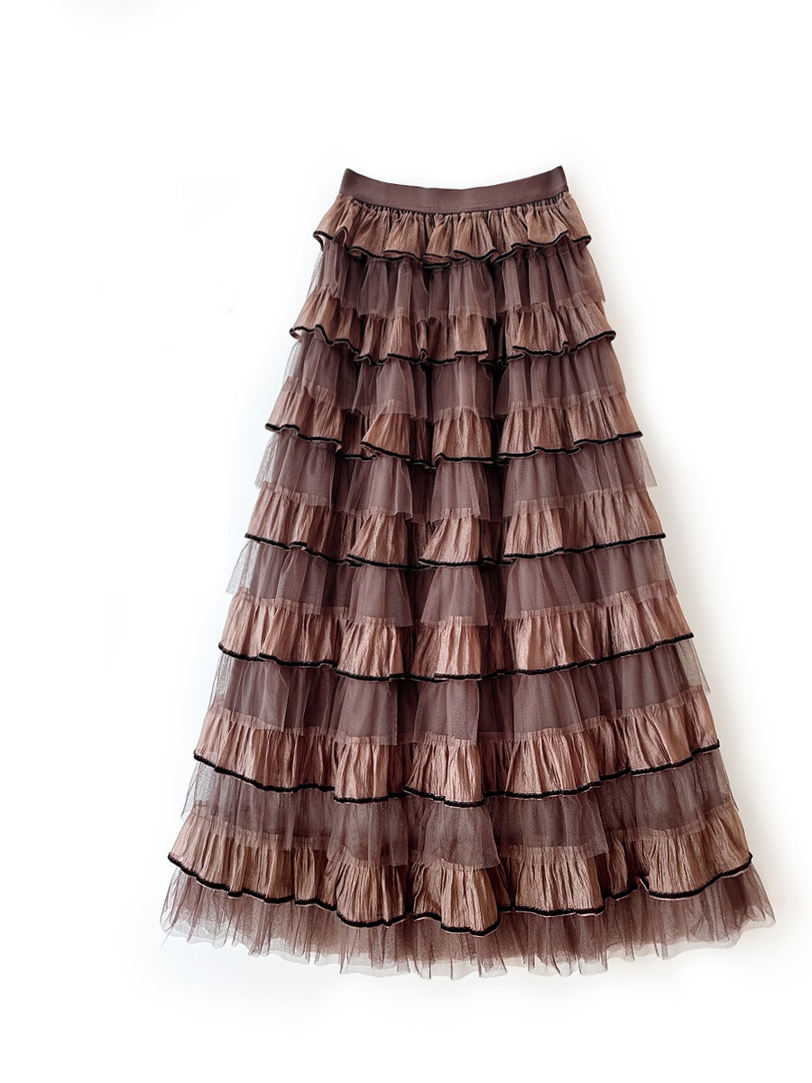 Spring Elegant Women Tulle Maxi Skirt Cake Layered Elastic Waist Flare Skirt - Picture 31 of 38