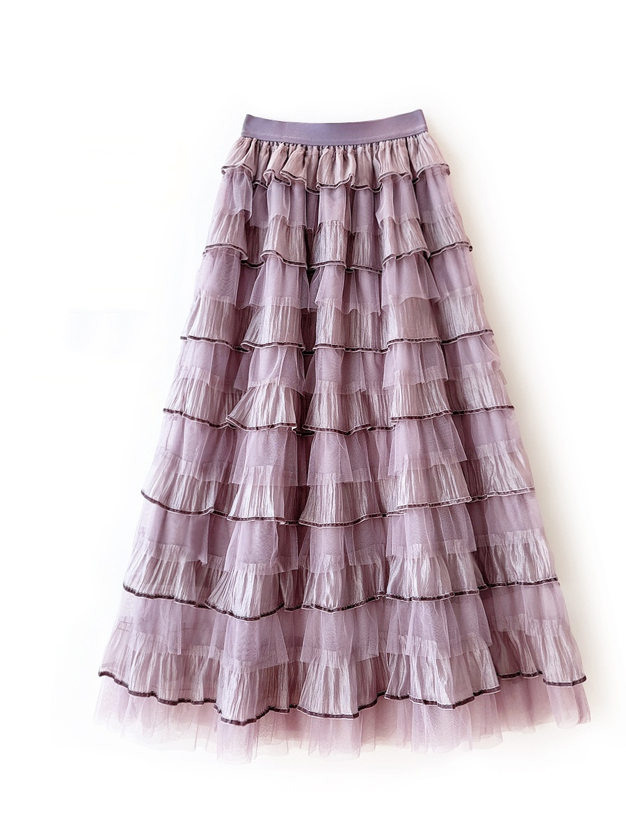 Spring Elegant Women Tulle Maxi Skirt Cake Layered Elastic Waist Flare Skirt - Picture 32 of 38