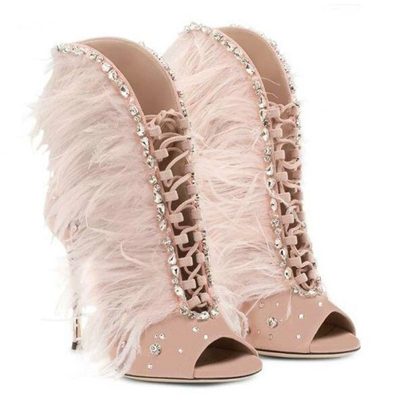Womens Club Party Pull On High Heels Feather Rhinestone Decor Sexy Ankle Boots - Picture 1 of 22