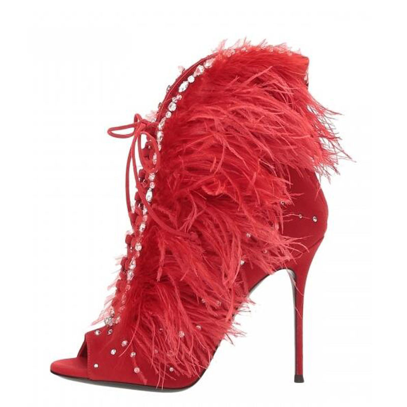Womens Club Party Pull On High Heels Feather Rhinestone Decor Sexy Ankle Boots - Picture 13 of 22