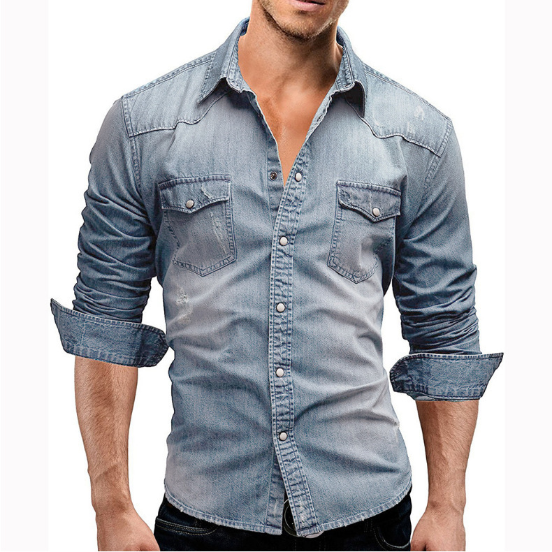 Camicie uomo denim manica lunga jeans cotone lavato slim fit camicie multicolore top - Foto 14 di 14