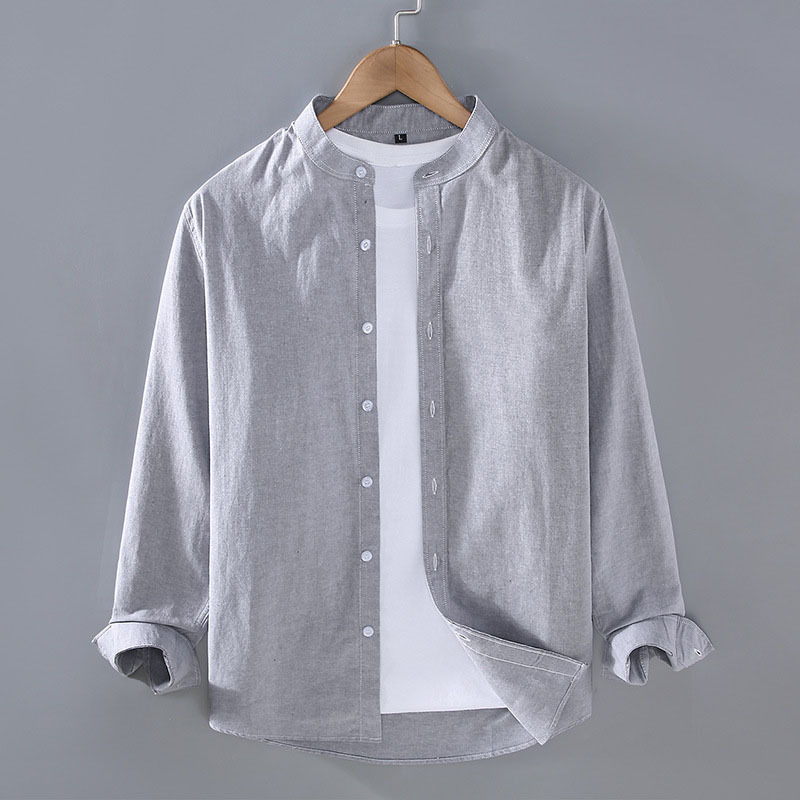 Men's Stand Collar Long Sleeve Linen Blend Shirt Soft Comfortable Solid Tops - Picture 17 of 17
