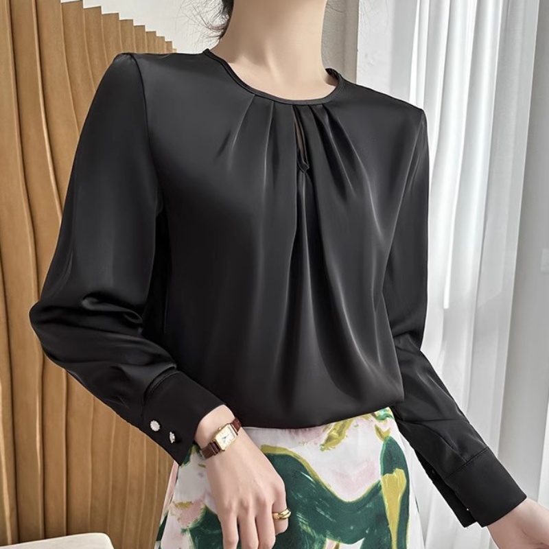 Mulberry Silk Top Long Sleeve Shirt Round Neck Formal Breathable For Women New - Foto 7 di 10