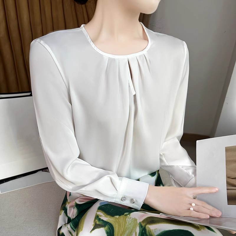 Mulberry Silk Top Long Sleeve Shirt Round Neck Formal Breathable For Women New - Foto 8 di 10