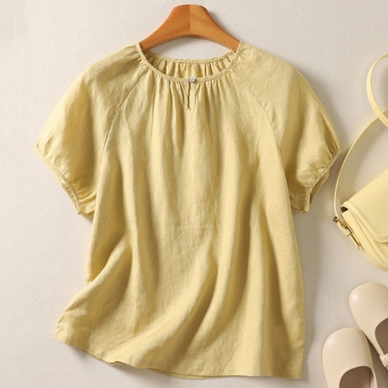 Women Summer Short Sleeve O Neck Shirt Tee Casual Loose Linen Tops Solid Blouse - Picture 7 of 9