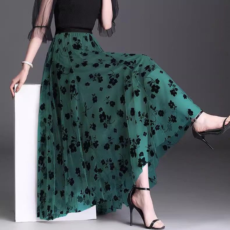 Women's Long Mesh Tulle Skirt Flocking Floral Pleated 3 Layer A-Line Tutu Skirt - Picture 27 of 31