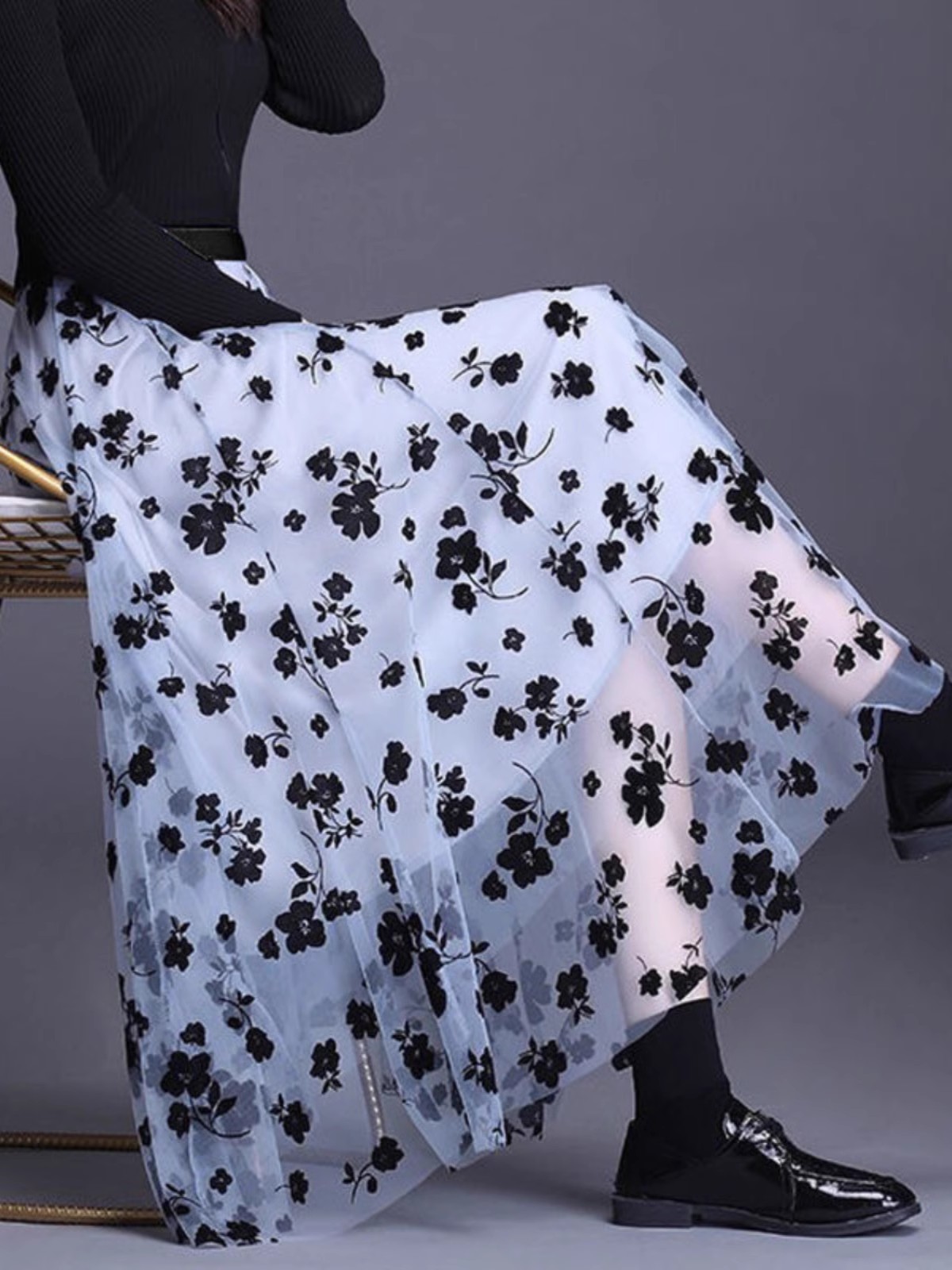 Women's Long Mesh Tulle Skirt Flocking Floral Pleated 3 Layer A-Line Tutu Skirt - Picture 30 of 31