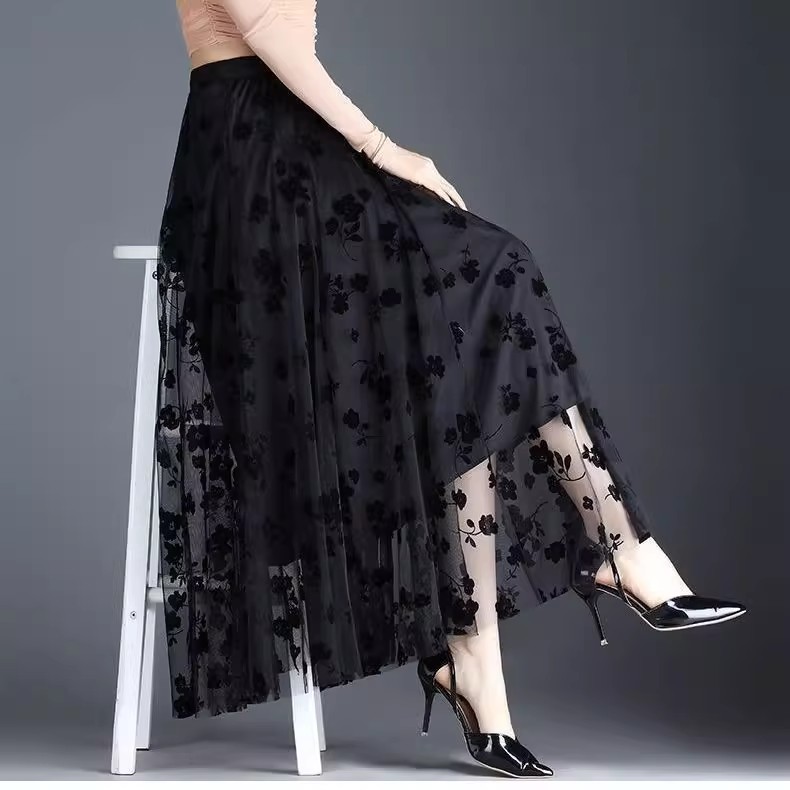Women's Long Mesh Tulle Skirt Flocking Floral Pleated 3 Layer A-Line Tutu Skirt - Picture 24 of 31
