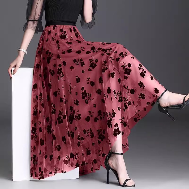 Women's Long Mesh Tulle Skirt Flocking Floral Pleated 3 Layer A-Line Tutu Skirt - Picture 25 of 31