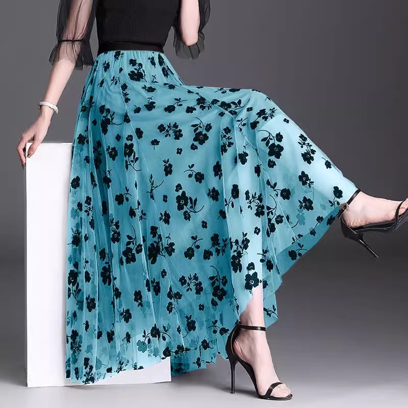 Women's Long Mesh Tulle Skirt Flocking Floral Pleated 3 Layer A-Line Tutu Skirt - Picture 26 of 31