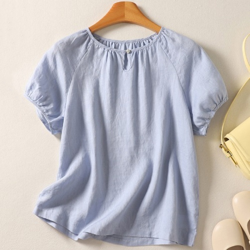Women Summer Short Sleeve O Neck Shirt Tee Casual Loose Linen Tops Solid Blouse - Picture 8 of 9