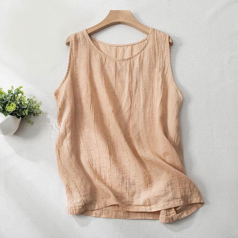 Women Cotton Linen Summer Tank Vest Shirt Sleeveless Round Neck Tops Cami Blouse - Picture 20 of 24