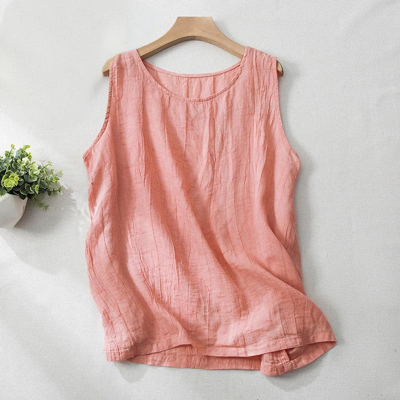 Women Cotton Linen Summer Tank Vest Shirt Sleeveless Round Neck Tops Cami Blouse - Picture 23 of 24