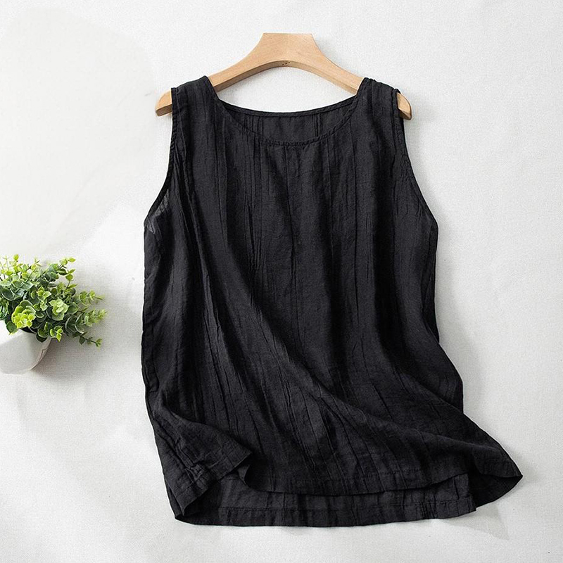 Women Cotton Linen Summer Tank Vest Shirt Sleeveless Round Neck Tops Cami Blouse - Picture 18 of 24