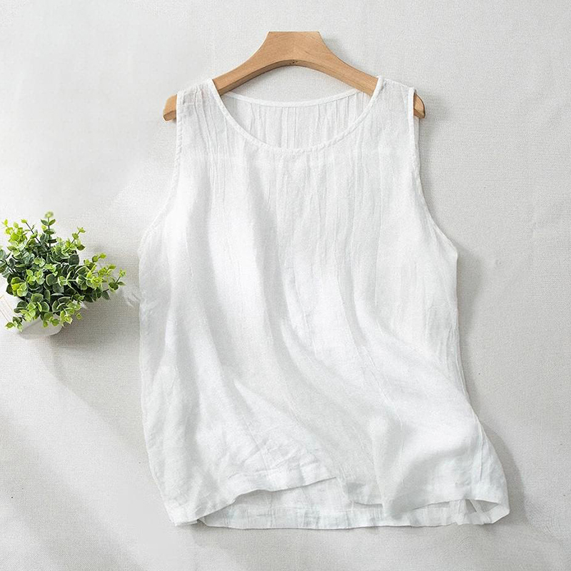 Women Cotton Linen Summer Tank Vest Shirt Sleeveless Round Neck Tops Cami Blouse - Picture 24 of 24