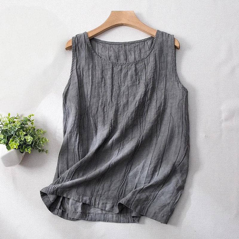 Women Cotton Linen Summer Tank Vest Shirt Sleeveless Round Neck Tops Cami Blouse - Picture 21 of 24