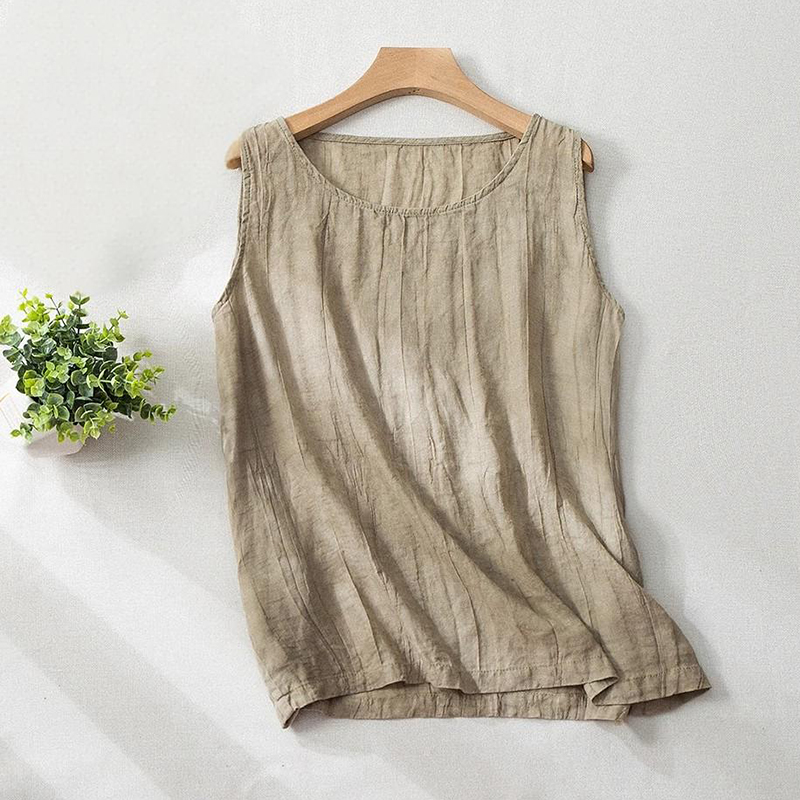 Women Cotton Linen Summer Tank Vest Shirt Sleeveless Round Neck Tops Cami Blouse - Picture 22 of 24