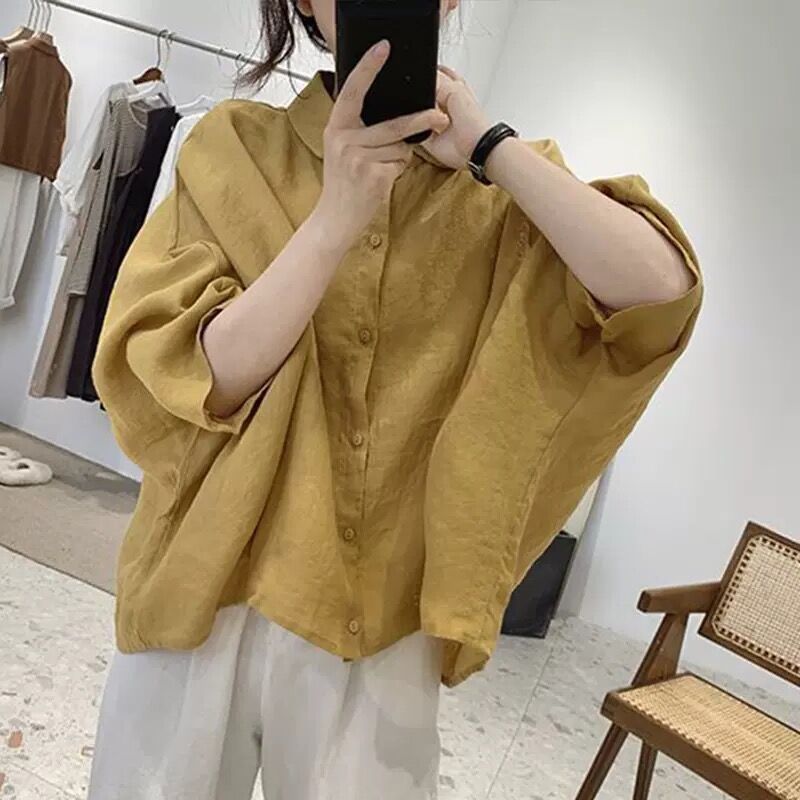 Moda Mujeres Botones Ala de Murciélago Manga 3/4 Blusa Sólida Prendas para el torso Informal Suelta Camiseta - Imagen 7 de 7