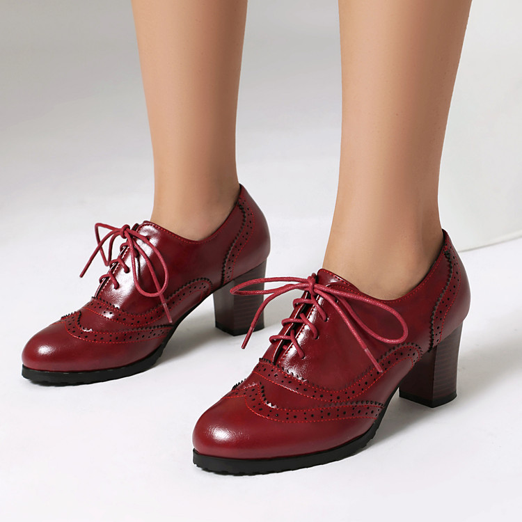 Retro Womens High Block Heels Wingtip Brogues Lace Up Oxford Pumps Shoes College