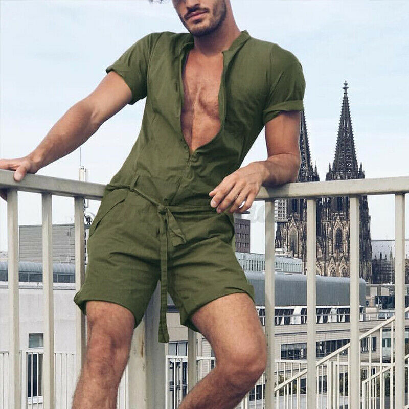 Men's Summer Solid Color Jumpsuit Short Sleeve Shorts Casual Men's One-piece Set - Imagen 9 de 10