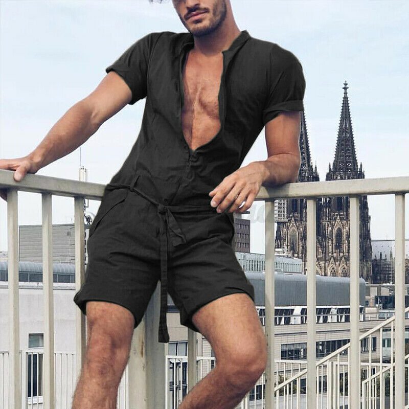 Men's Summer Solid Color Jumpsuit Short Sleeve Shorts Casual Men's One-piece Set - Imagen 10 de 10