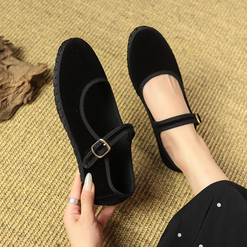 Velvet Mary Jane Shoes Hand Stitch Casual Streetwear Ballet Flats Pumps Loafers