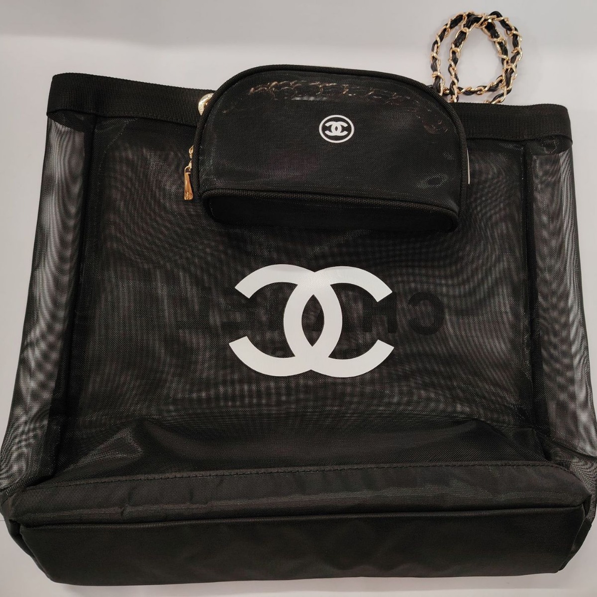 NEWCHANEL VIP GIFT Beauty Mesh Tote Bag Beach Pouch Bag Case Storage Black Silve - Zdjęcie 12 z 13