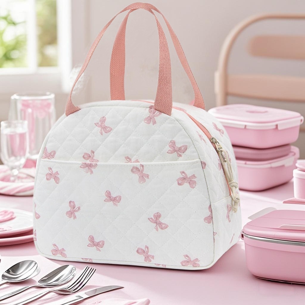 Xoeryoy Bow Lunch Bag Insulated Quilted Cute Lunch Box with Pocket Keep Fresh & - Picture 18 of 19