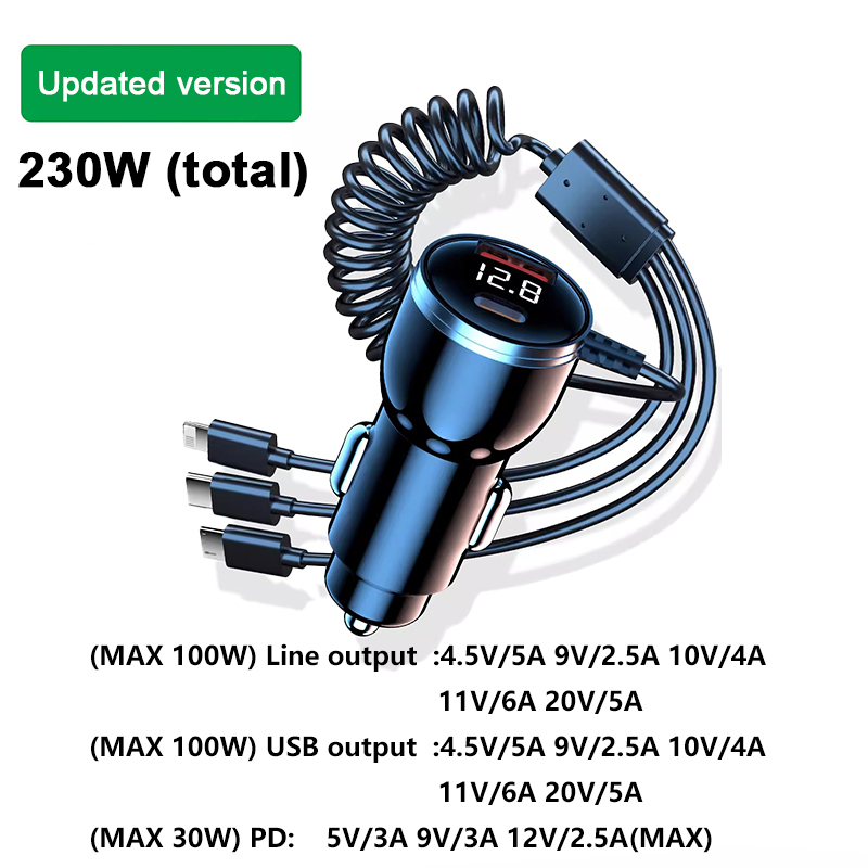 230W Car Charger With 3 In 1 Fast Charging Cable PD Type C QC3.0 Phone Charger