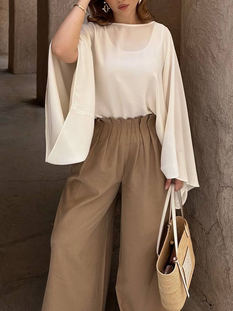 Old Money Shirt And High Waist Wide Leg Pants Suit-Pants