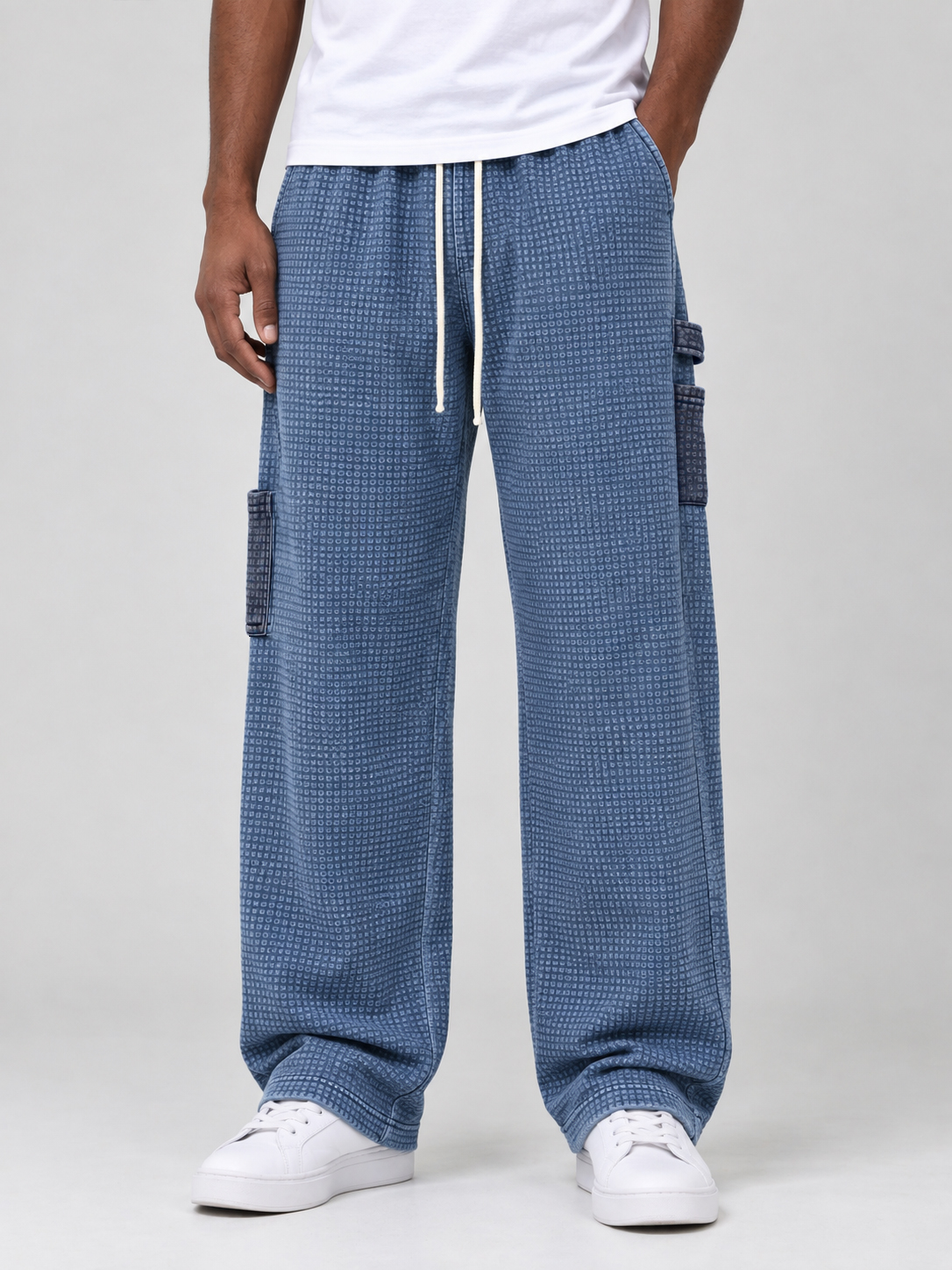 Men's Waffle Color Block Vintage Wash Distressed Multi-pocket Straight Pants