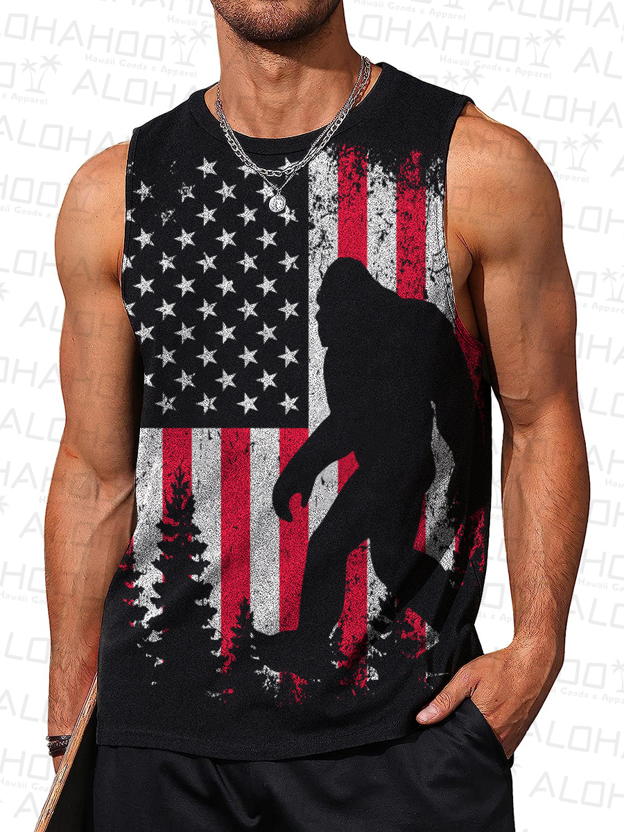 Men's 4th of July American Flag Bigfoot Art Print Tank Top T-Shirt
