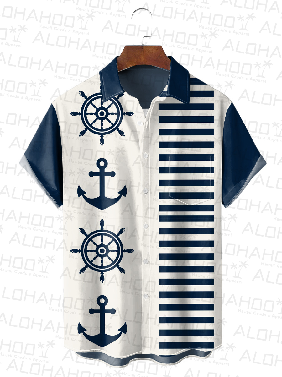 Anchor And Ship Helm Print Bowling Style Short Sleeve Button Down Shirt